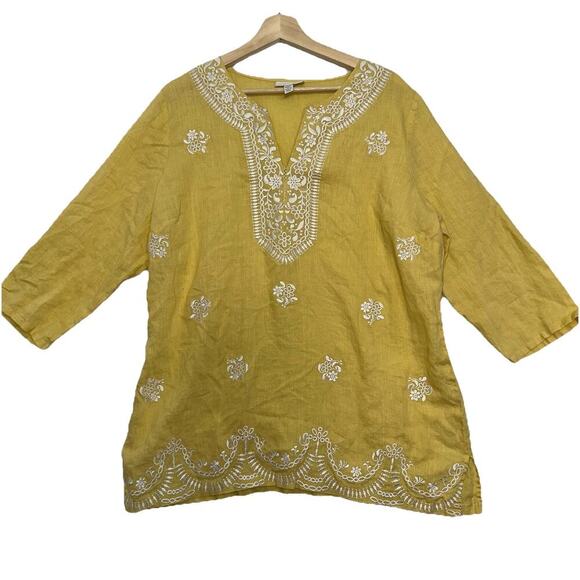 Charter Club Linen Tunic Top Womens XL Butter Yellow Embroidered Popover - Picture 1 of 8